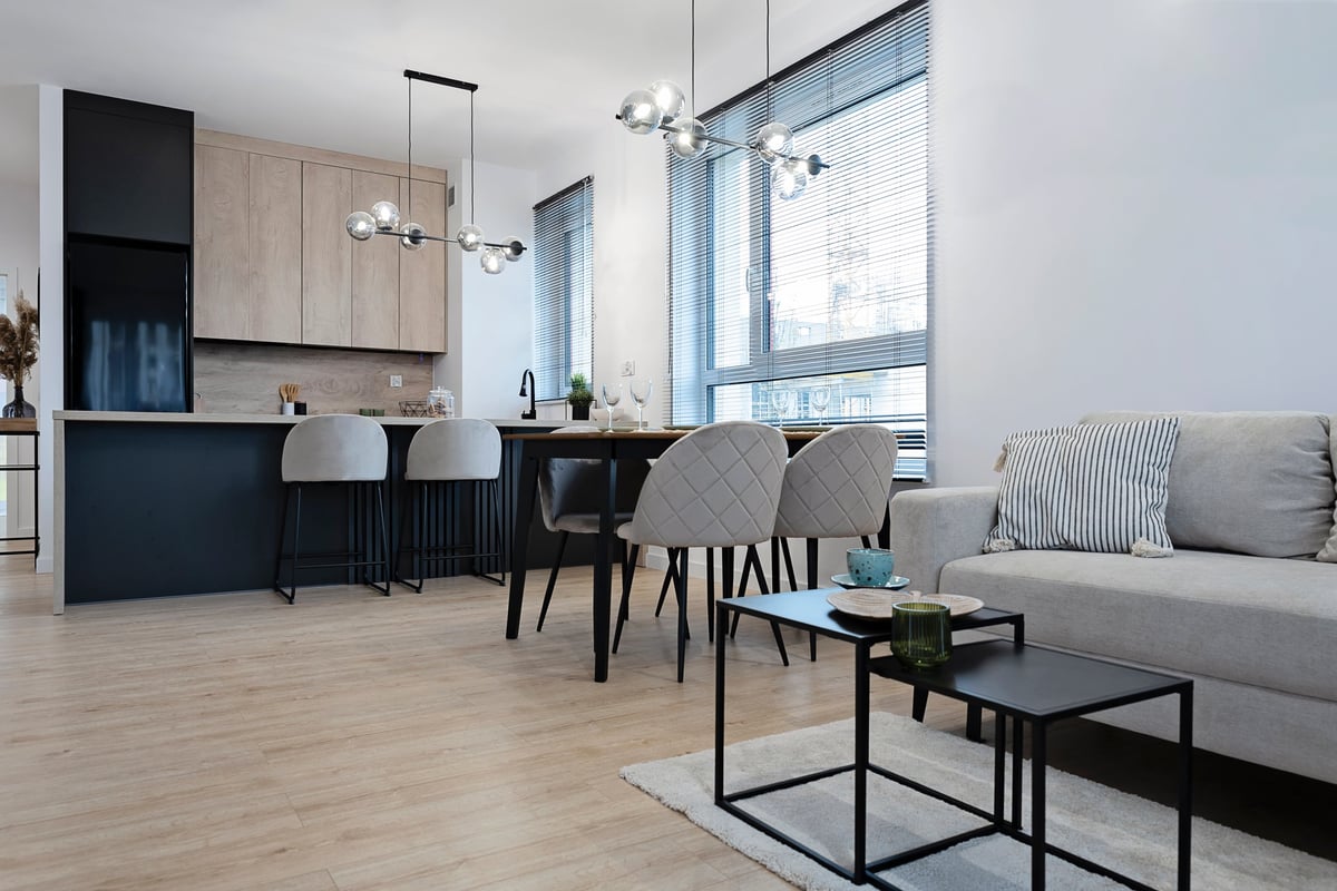 Bright open-plan apartment living room and kitchen