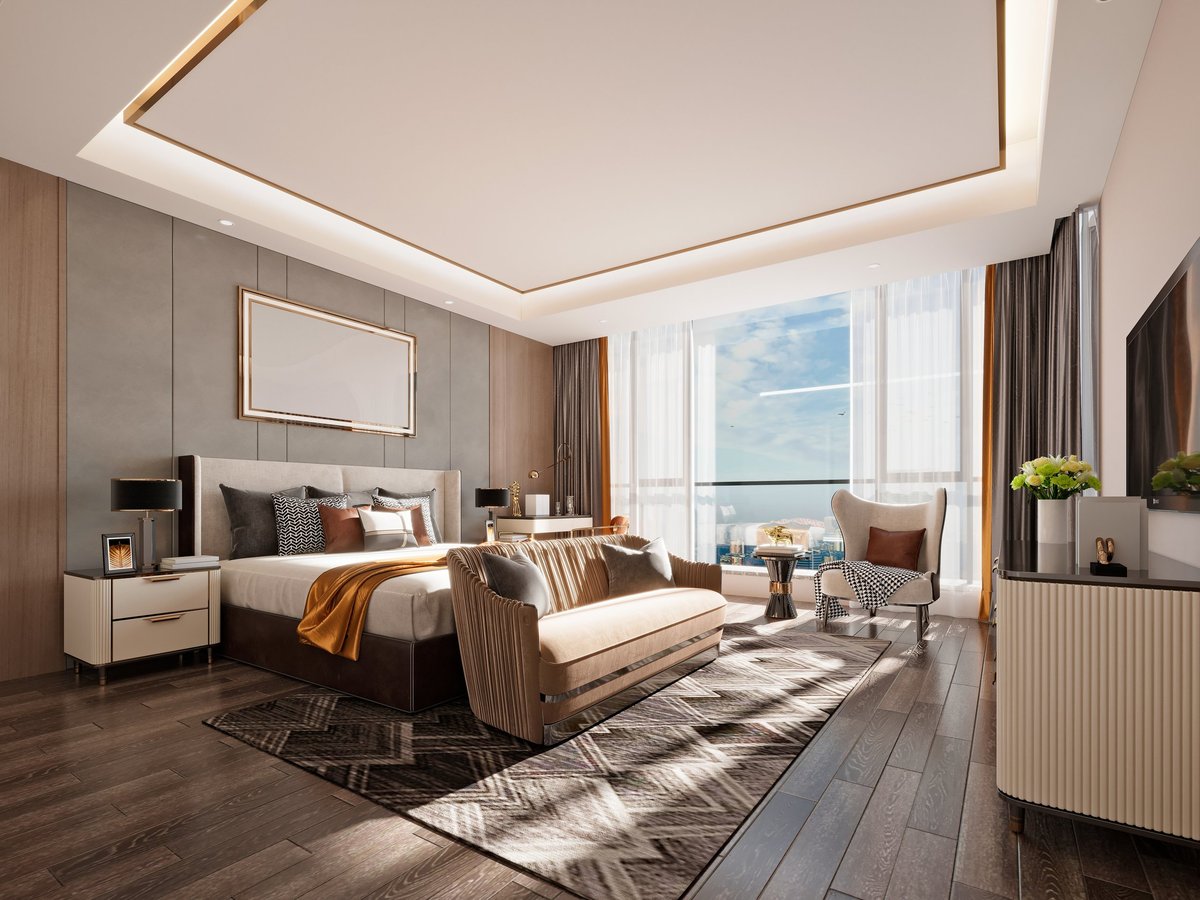 Luxury hotel bedroom bathed in warm evening light